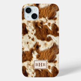 Gespikkelde bruine koeienhuid met monogram iPhone 15 mini hoesje