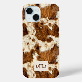 Gespikkelde bruine koeienhuid met monogram iPhone 15 case