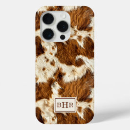 Gespikkelde bruine koeienhuid met monogram iPhone 15 pro case