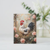 Gespikkelde Haan Tussen Roze Rozen Briefkaart (Staand voorkant)