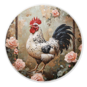 Gespikkelde Haan Tussen Roze Rozen Keramische Knop