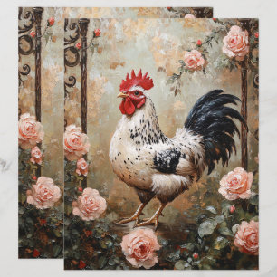 Gespikkelde Haan Tussen Roze Rozen Scrapbook Papie