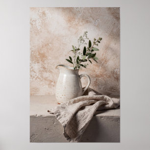 Gespikkelde keramische kan en groen still leven poster