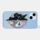 Gespleten Kattenportret Blauwe Ogen ✨ Zwart Witte iPhone 15 Case (Achterkant horizontaal)