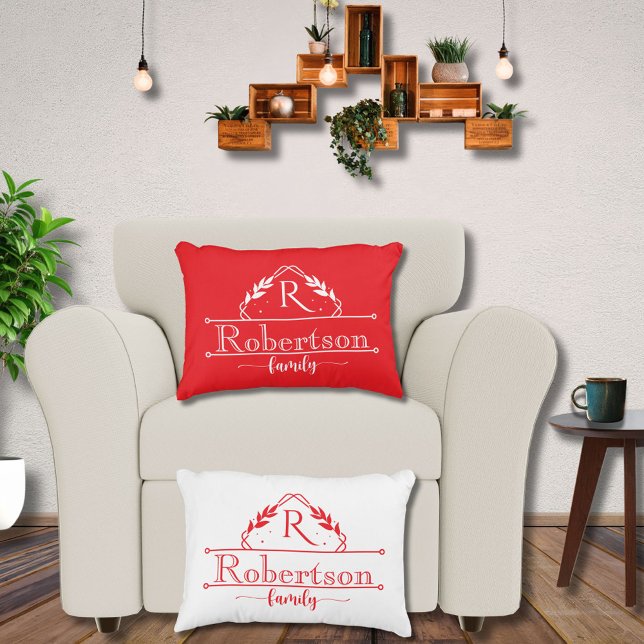 Gespleten Monogram Familienaam Rood & Wit Frame Accent Kussen (Creator heeft geüpload)