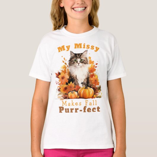 Gesponnen-effect herfst kat Missy T-shirt (Voorkant)