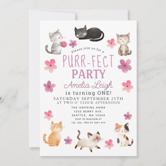 Gesponnen-effect Schattige Cats Bloemen Meisje 1e  Kaart (Voorkant)