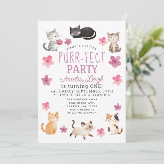 Gesponnen-effect Schattige Cats Bloemen Meisje 1e  Kaart (Staand voorkant)