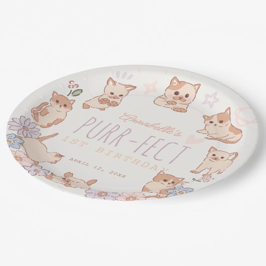 Gesponnen-effect Schattige Cats Bloemen Meisje 1e  Papieren Bordje (Gekanteld)