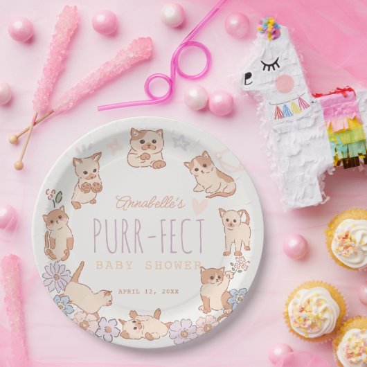 Gesponnen-effect Schattige Cats Floral Meisje Baby Papieren Bordje (Feest)