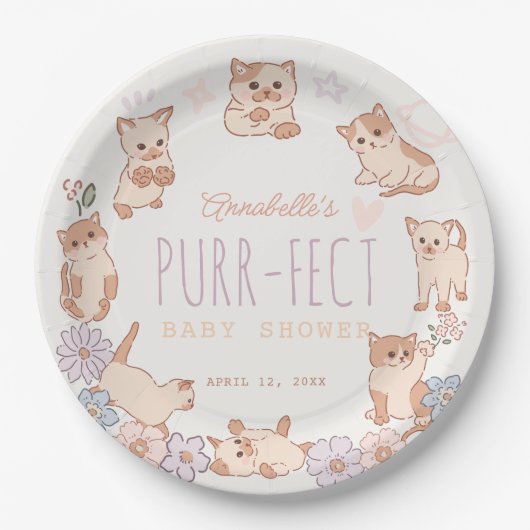 Gesponnen-effect Schattige Cats Floral Meisje Baby Papieren Bordje (Voorkant)