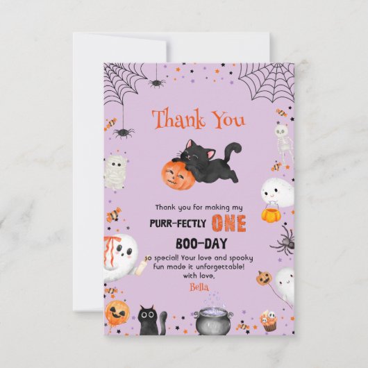 Gesponnen-fectly One Boo-day Cat Halloween 1st Bir Bedankkaart (Voorkant)