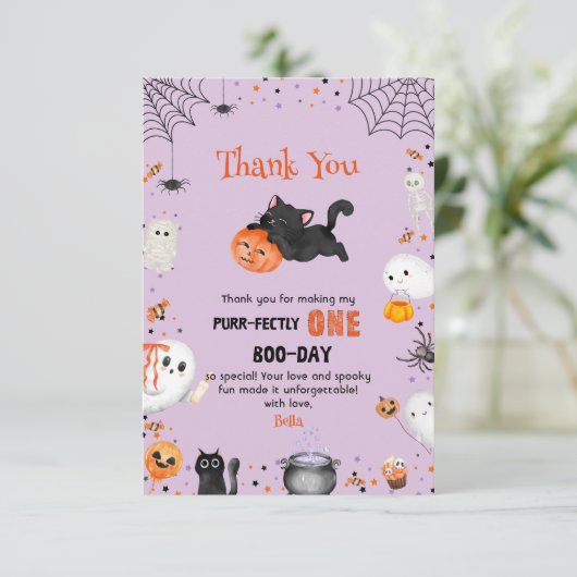 Gesponnen-fectly One Boo-day Cat Halloween 1st Bir Bedankkaart (Staand voorkant)