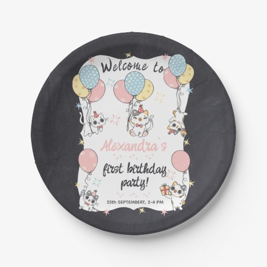 Gesponnen-fectly One: Cat Theme 1st Verjaardagsfee Papieren Bordje (Voorkant)