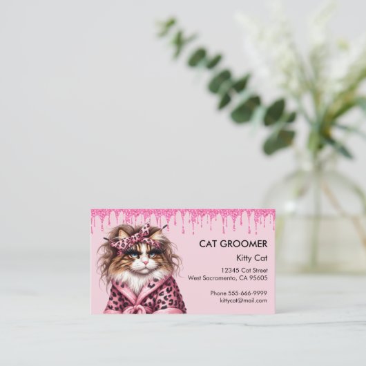 Gesponnen-fessional kat groomer sitter roze glitte visitekaartje (Staand voorkant)