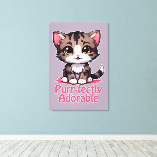 Gesponnen-perfect Schattig Chibi Kawaii Kitten in  Canvas Afdruk (Insitu (Houten vloer))