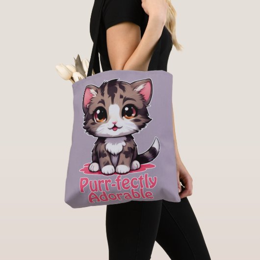 Gesponnen-perfect Schattig Chibi Kawaii Kitten in  Tote Bag (Dichtbij)