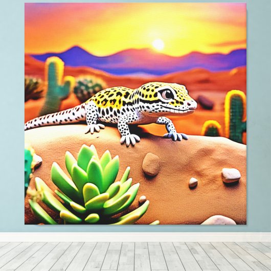 Gespot Gecko Woestijn Zonsondergang Canvas Afdruk (Insitu (Houten vloer))
