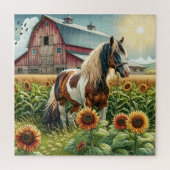 Gespot paard, rustieke schuur, zonsopgang op Boerd Legpuzzel (Verticaal)