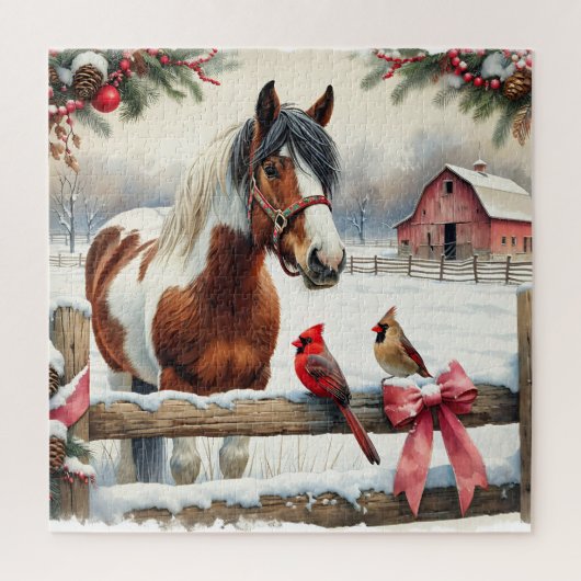 Gespot Pinto Paard en Kardinalen Kerst Legpuzzel (Verticaal)
