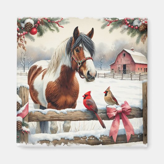 Gespot Pinto Paard en Kardinalen Kerst Magneet (Voorkant)