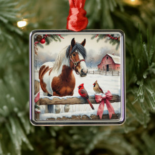 Gespot Pinto Paard en Kardinalen Kerst Metalen Ornament