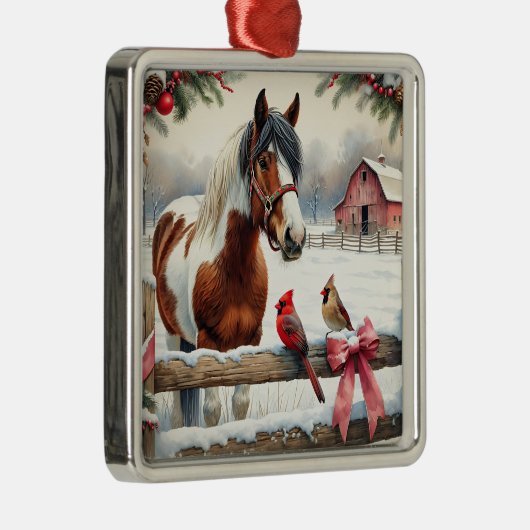 Gespot Pinto Paard en Kardinalen Kerst Metalen Ornament (Rechts)