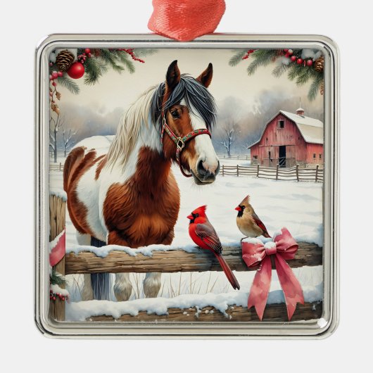 Gespot Pinto Paard en Kardinalen Kerst Metalen Ornament (Voorkant)