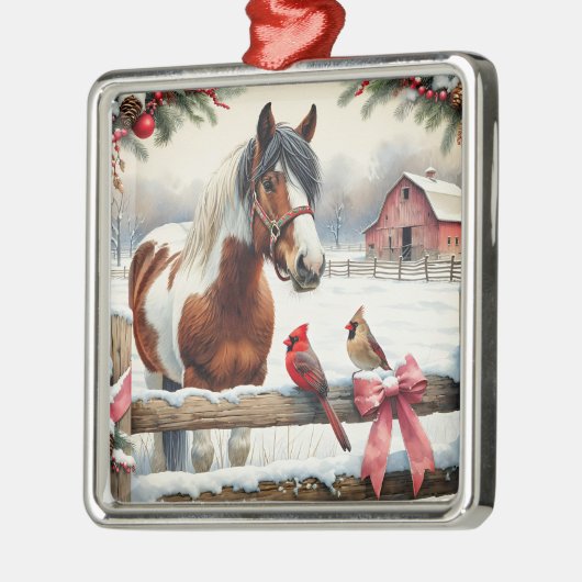Gespot Pinto Paard en Kardinalen Kerst Metalen Ornament (Links)
