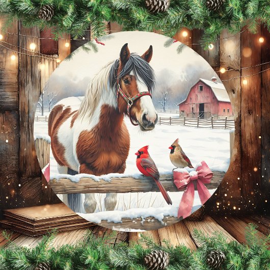 Gespot Pinto Paard en Kardinalen Kerst Ronde Sticker