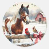 Gespot Pinto Paard en Kardinalen Kerst Ronde Sticker (Voorkant)
