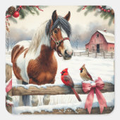 Gespot Pinto Paard en Kardinalen Kerst Vierkante Sticker (Voorkant)