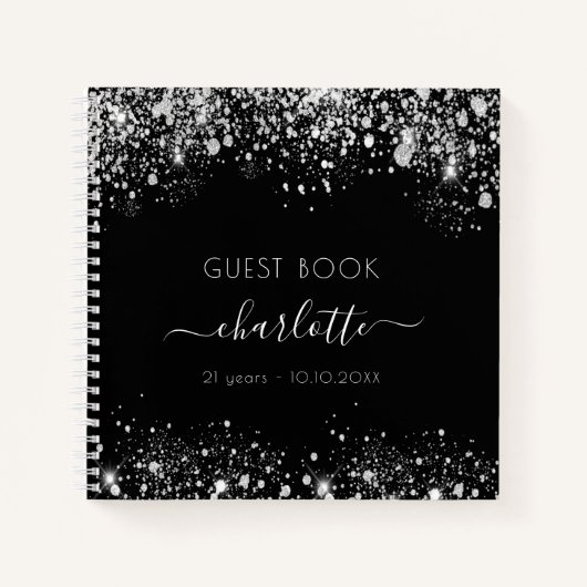 Gesprek zwarte zilverglitter monogram notitieboek (Voorkant)