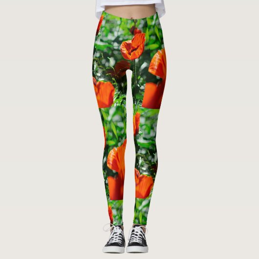 Gestandaardiseerde rode papaverbloemen Tuinpatroon Leggings (Voorkant)