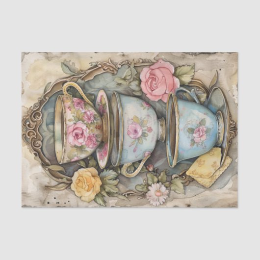 GESTAPELD THEE CUPS DECOUPAGE TISSUEPAPIER (Voorkant)