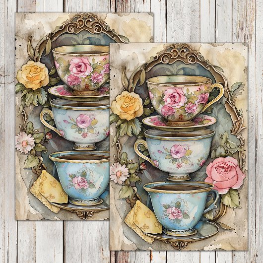 GESTAPELD THEE CUPS DECOUPAGE TISSUEPAPIER