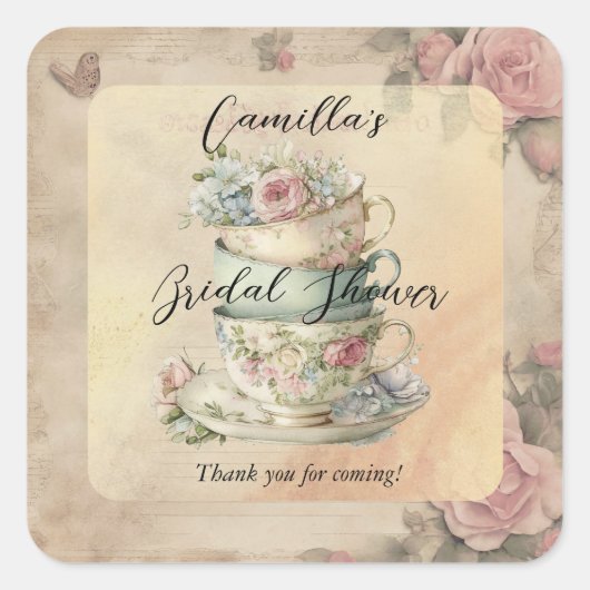 Gestapelde bloemenaftheebekers Bruidsdouche Epheme Vierkante Sticker (Voorkant)