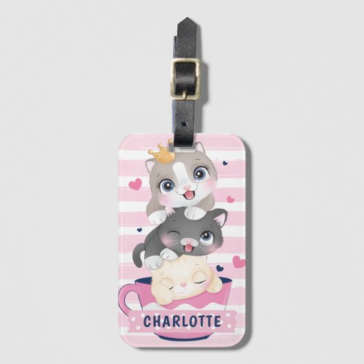 Gestapelde Cute Cartoon katten roze gedempte strep Bagagelabel (Voorkant (verticaal))