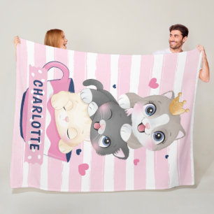 Gestapelde Cute Cartoon katten roze gedempte strep Fleece Deken