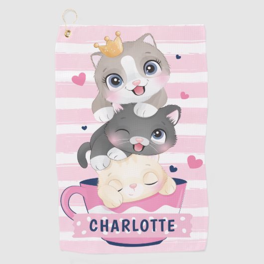 Gestapelde Cute Cartoon katten roze gedempte strep Golfhanddoek (Voorkant)