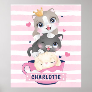 Gestapelde Cute Cartoon katten roze gedempte strep Poster