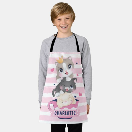 Gestapelde Cute Cartoon katten roze gedempte strep Schort (Gedragen)