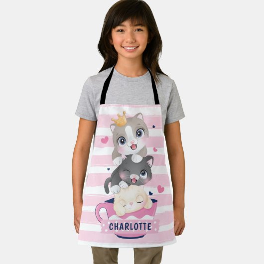 Gestapelde Cute Cartoon katten roze gedempte strep Schort (Insitu)