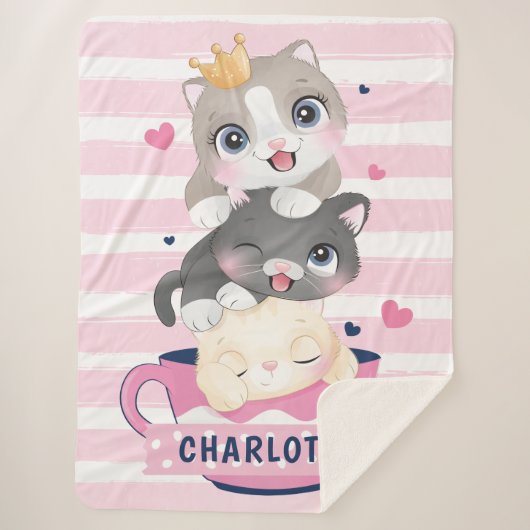 Gestapelde Cute Cartoon katten roze gedempte strep Sherpa Deken (Voorkant)