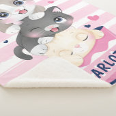 Gestapelde Cute Cartoon katten roze gedempte strep Sherpa Deken (3/4)