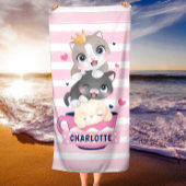 Gestapelde Cute Cartoon katten roze gedempte strep Strandlaken