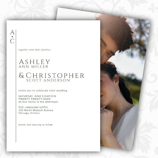 Gestapelde donkere leisteen monogram foto bruiloft kaart