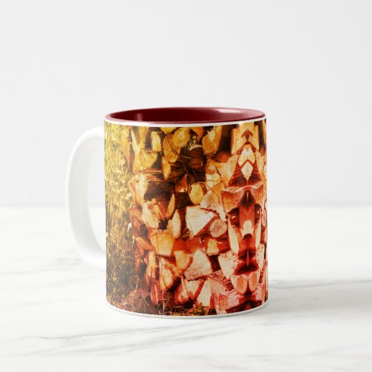 Gestapelde Firewood Natuur Art Fotografie Tweekleurige Koffiemok (Voorkant links)