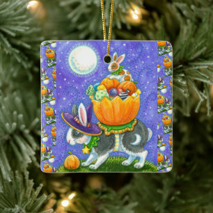 GESTAPELDE HALLOWEEN KONIJNTJES, SNOEPMAÏS, KLEURR KERAMISCH ORNAMENT