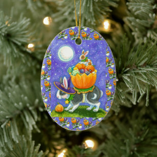 GESTAPELDE HALLOWEEN KONIJNTJES, SNOEPMAÏS, KLEURR KERAMISCH ORNAMENT